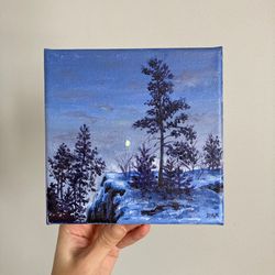 Original Winter Painting, Small Painting On Canvas, Landscape Art, Small Acrylic Painting, Mini Art, Snow Painting