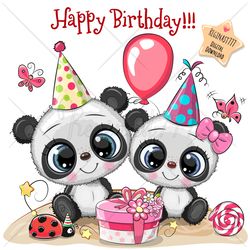 Cute Cartoon Birthday card PNG, Panda, Card, clipart, Sublimation Design, Birthday party, Print, clip art, Balloon, Pink