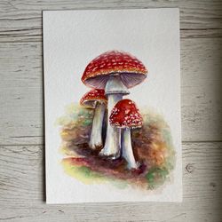 Original Mushrooms Watercolor Painting, Original Mushroom Art, Cottagecore Wall Decor, Fly Agaric Art