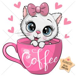 Cute Cartoon Kitten PNG, Cup, clipart, Sublimation Design, White Kitty, print, clip art