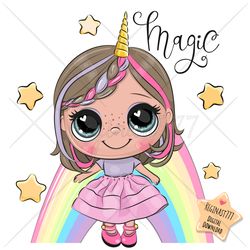 Cute Cartoon Unicorn Girl PNG, clipart, Sublimation Design, Children printable, Clip art