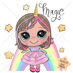 cute cartoon unicorn girl png, clipart, sublimation design, children printable, clip art
