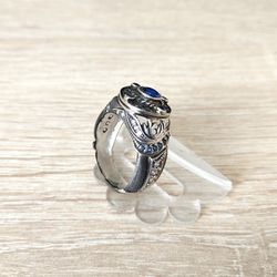 LARGE SILVER RING STERLING RING IN OXIDATED SILVER RING WITH BLUE STONES SUPER RING JEWELERY FOR MEN ORIGINAL JEWELERY