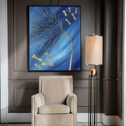 abstract blue painting dragonfly gold leaf art modern art contemporary artwork premium interior art original painting