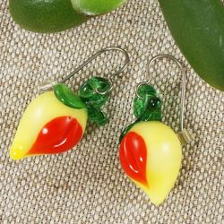 Mango Earring Lampwork Murano Glass Earrings Yellow Green Red Dangle Drop Tropical Fruit Raw Vegan Earrings Jewelry 5003