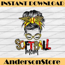 softball mom life leopard bandana messy bun fun mother's day happy mother's day png sublimation design