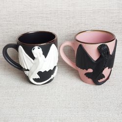 Couples Mug Set Dragons Black and White Polymer clay Dragons sculpture, Dragon Cup for Birthday gift or Couples Gif