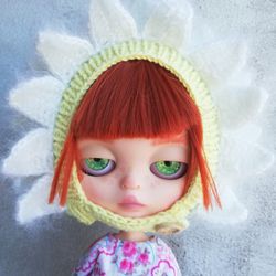 Blythe hat crochet helmet green white flower chamomile for custom blythe halloween outfit blythe doll clothes cute hat