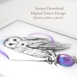 Wizard Owl Tattoo Sketch Owl Tattoo Design Crystal Ball Tattoo Flash Magic Tattoo Design, Instant download PDF and JPG