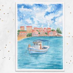 Sailboat painting Greek painting Sea painting Seascape Wall decor Original watercolor painting postcard 5x7