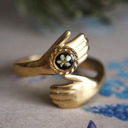 Adjustable hands ring, Pressed flower resizable ring, Gold stainless steel ring