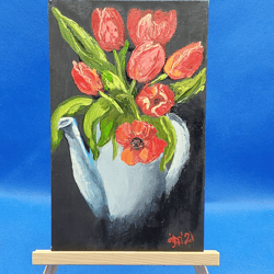 Red Tulips Bouquet Painting Flowers in a Jug Still Life Red on Black Painting Small Oil Painting Original Artwork