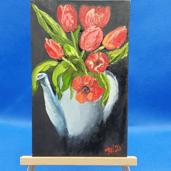 red tulips bouquet painting flowers in a jug still life red on black painting small oil painting original artwork