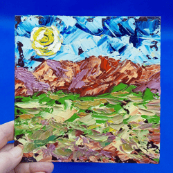 Mountain Landscape Summer Sun 3D Summer Landscape Meadow Flowers Painting Small oil painting Original Impasto artwork