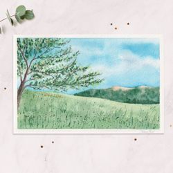 Summer tree Landscape Green field Original watercolor painting Painted postcard 4x6"