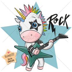 Cute Cartoon Unicorn PNG, clipart, Guitar, Rock, Sublimation Design, Children printable, Clip art