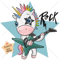 cute cartoon unicorn png, clipart, guitar, rock, sublimation design, children printable, clip art