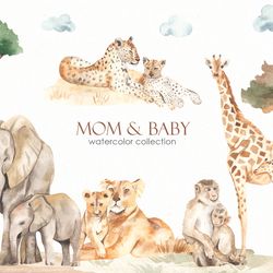 Mom and baby animals of Africa, mother's day. Giraffes, elephants, lions, monkeys. PNG. Digital