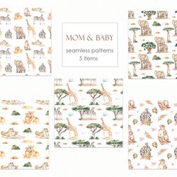 Mom and baby animals of Africa, mother's day.  Watercolor seamless patterns. Giraffes, elephants. Digital paper