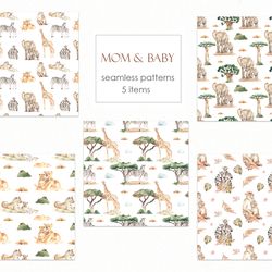 mom and baby animals of africa, mother's day.  watercolor seamless patterns. giraffes, elephants. digital paper