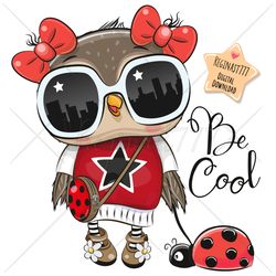 cute cartoon owl girl png, ladybug, clipart, sublimation design, glasses, print, clip art