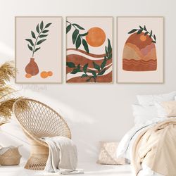 Abstract Botanical Prints Set of 3, Terracotta and Green Wall Art, Boho Minimalist Prints Set, Boho Bedroom Wall Decor