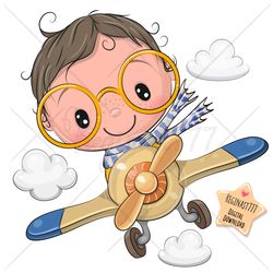 Cute Cartoon Boy PNG, Plane, clipart, Sublimation Design, Children printable, illustration