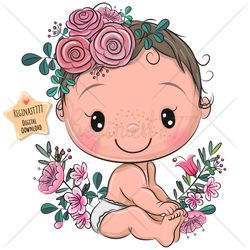 Cute Cartoon Baby PNG, clipart, Sublimation Design, Children printable, Flowers, art