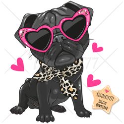 cute cartoon black pug dog png, clipart, sublimation design, children printable, glasses, cool, art