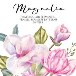 watercolor magnolia clipart, floral frames, wreath, spring flowers, floral design elements, pink flowers, wedding