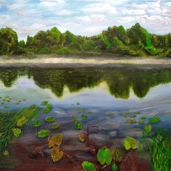 lake in the forest oil painting landscape 27*31 inches lake with water lilies painting