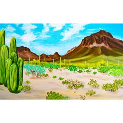 Arizona desert original oil painting on canvas panoramic large landscape Sonoran desert artwork saguaro cactus wall art