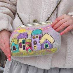 Handbag with houses. Bag for women. Gift for her