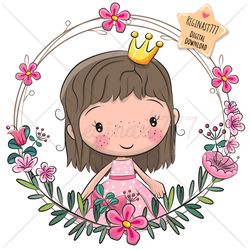 Cute Cartoon Princess PNG, clipart, Sublimation Design, Adorable, Print, clip art, Wreath, Pink