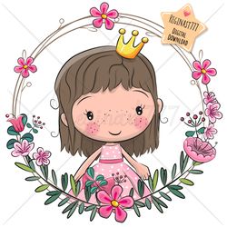 cute cartoon princess png, clipart, sublimation design, adorable, print, clip art, wreath, pink