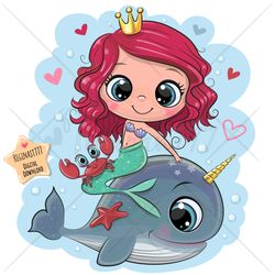Cute Cartoon Little Mermaid PNG, clipart, Whale, Sublimation Design, Adorable, Print, clip art, Hearts