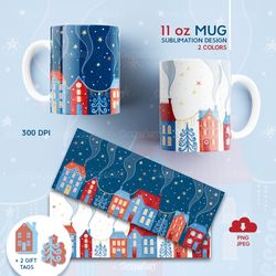 11oz Mug Sublimation Designs with Christmas Town, PNG JPEG File Digital Download