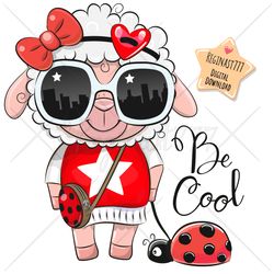 cute cartoon sheep girl png, ladybug, clipart, sublimation design, glasses, print, clip art