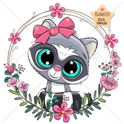 cute cartoon raccoon png, clipart, sublimation design, adorable, print, clip art, wreath, pink