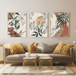 Abstract Botanical Prints Set of 3, Earth Tones Artwork, Minimalist Boho Art Prints, Boho Above Couch Decor Mid Century