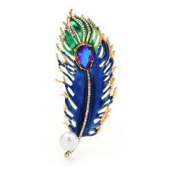 Crystal peacock feather brooch, Statement jewelry pin