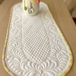 Easter Quilted Table Runner, White Centerpiece, Oval Table Topper, Easter Sideboard Decor, Festiv coffee table decor