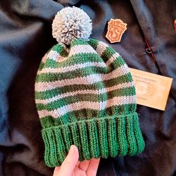 slytherin pompom hat handknit women hat slytherin hat warm hats winter hat griffindor hat women hats