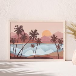 Boho Tropical Beach Artwork, Boho Landscape Print, Nature Horizontal Wall Art, Palm Tree Print, Minimalis Abstract Print