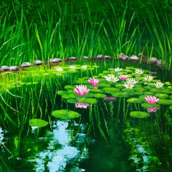 Lotus original oil painting on canvas large water lily artwork pond plants painting impasto floral landscape wall art