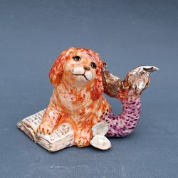 Ceramic dog figurine Fairy sculpture Mermaid Spaniel Handmade porcelain figurine