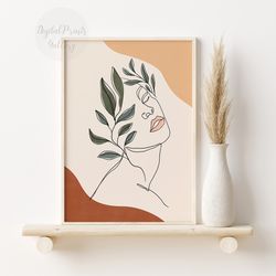 Abstract Woman Face Line Art Print, Female Face Line Drawing Simple, Green and Terracotta Artwork Bohemian Bedroom Decor