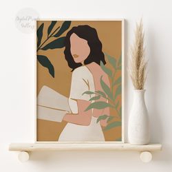 Minimalist Woman Illustration, Boho Printable Wall Art, Girl Reading Art Print, Digital Download, Minimal Woman Portrait