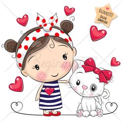 Cute Cartoon Girl with White Kitty PNG, clipart, Sublimation Design, Children printable, Clip art