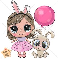 Cute Cartoon Girl with Rabbit PNG, clipart, Sublimation Design, Children printable, Clip art